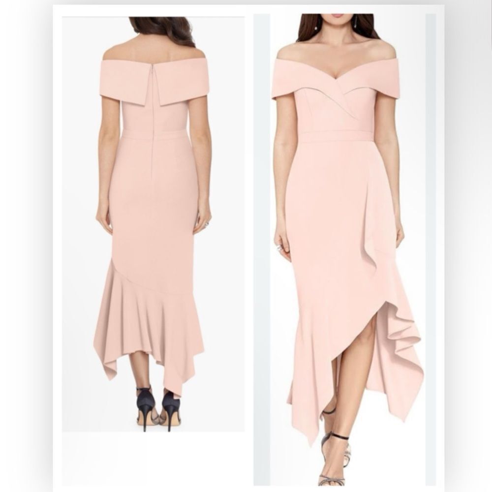 Xscape Women's Sweetheart Neckline Off-Shoulder Crepe Midi Dress with Hanky Hem